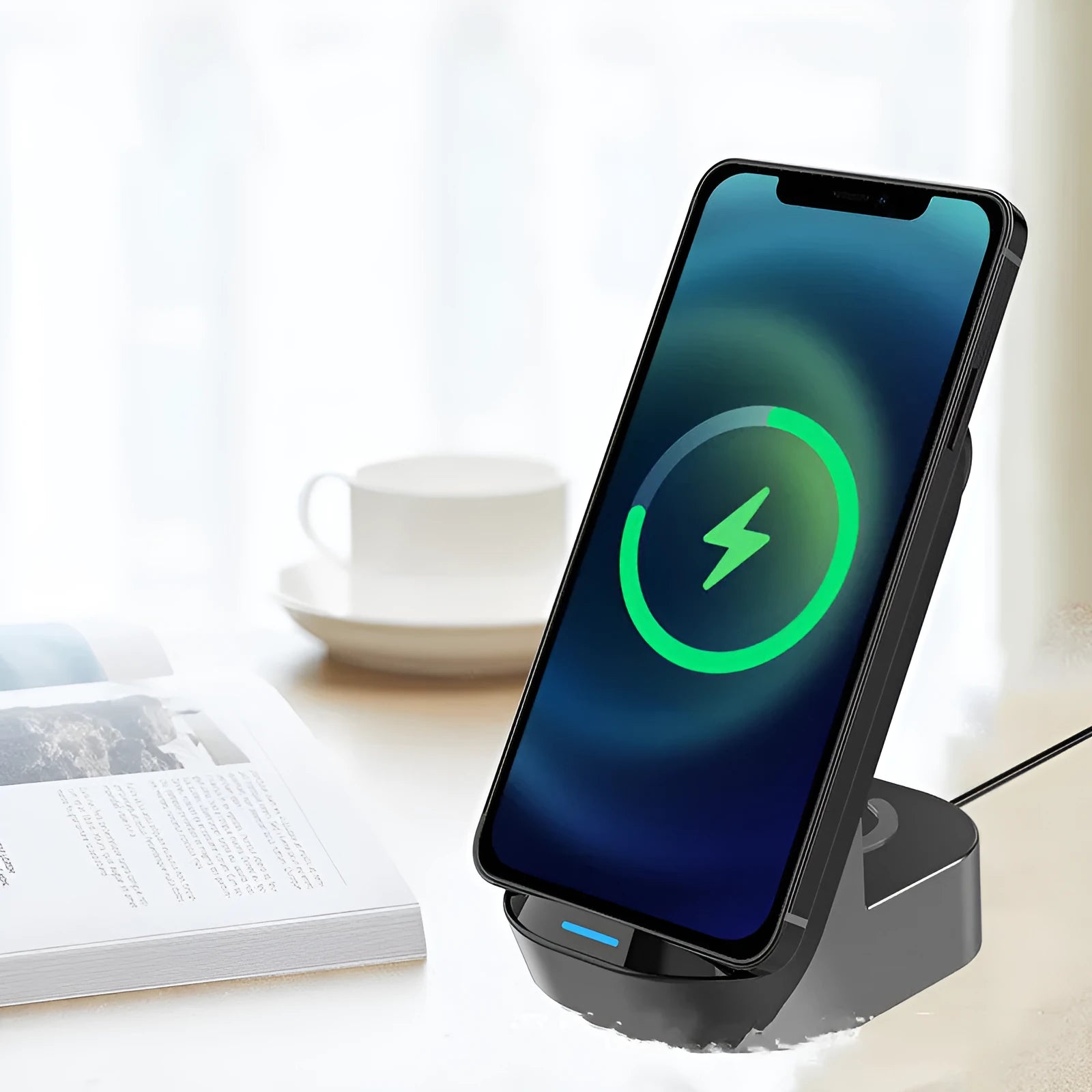 Black grey foldable 3-in-1 wireless charging vertical stand showing phone, watch and headphones charging simultaneously