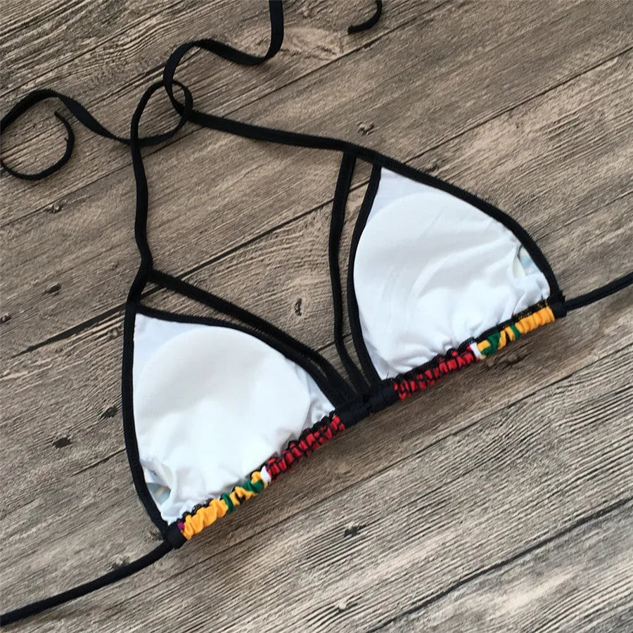 Women's digital print bikini swimsuit with high-waist briefs and backless design in quick-dry fabric