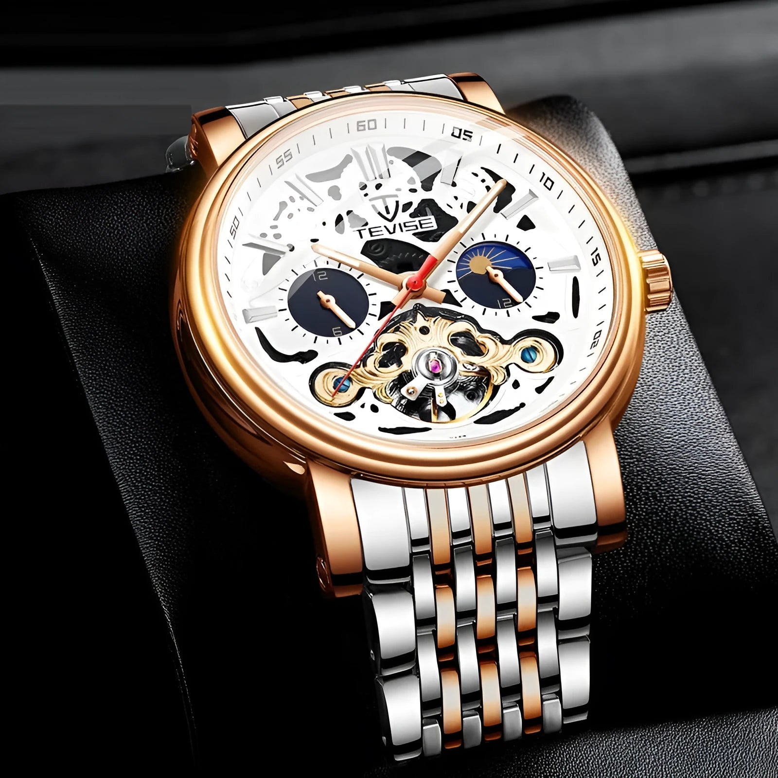 Men's waterproof luminous mechanical tourbillon watch with stainless steel case and choice of straps