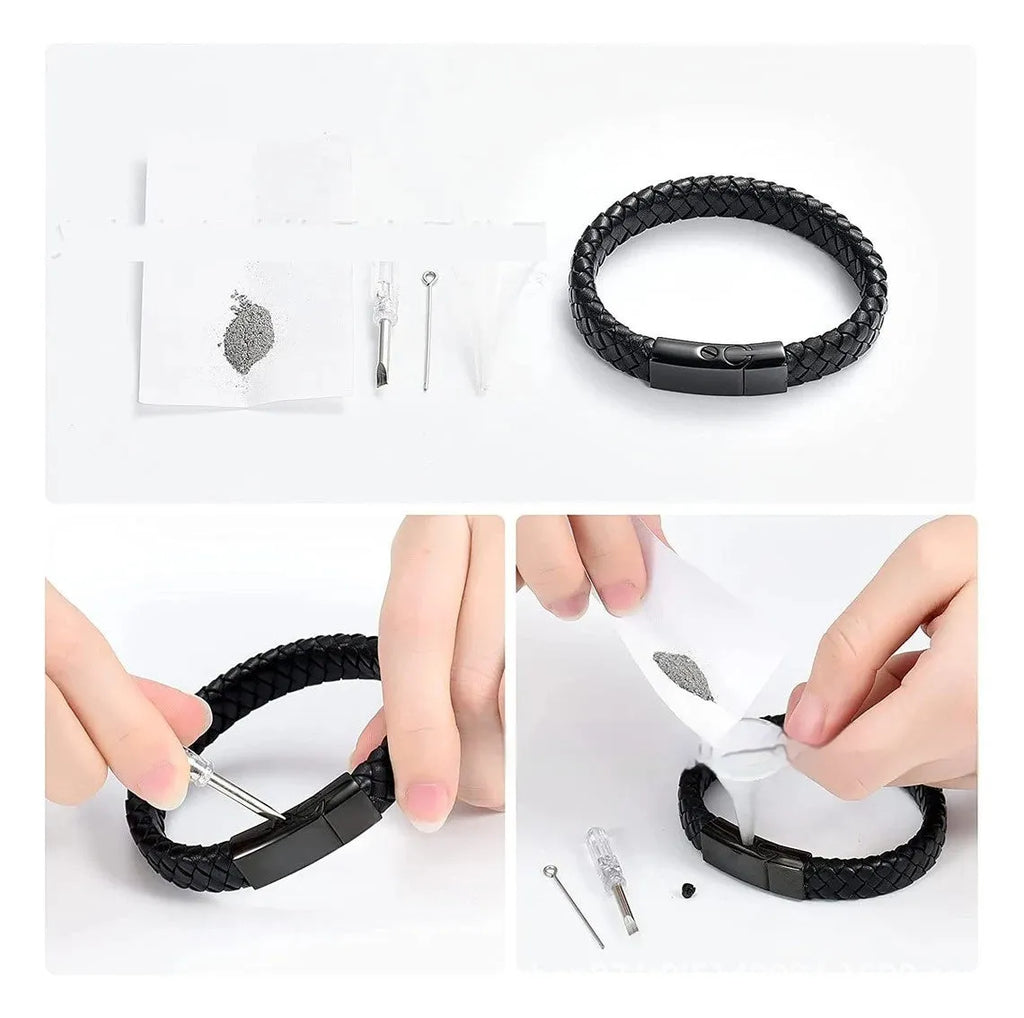 Black leather and stainless steel casket bracelet with weaving texture and English letter engraving
