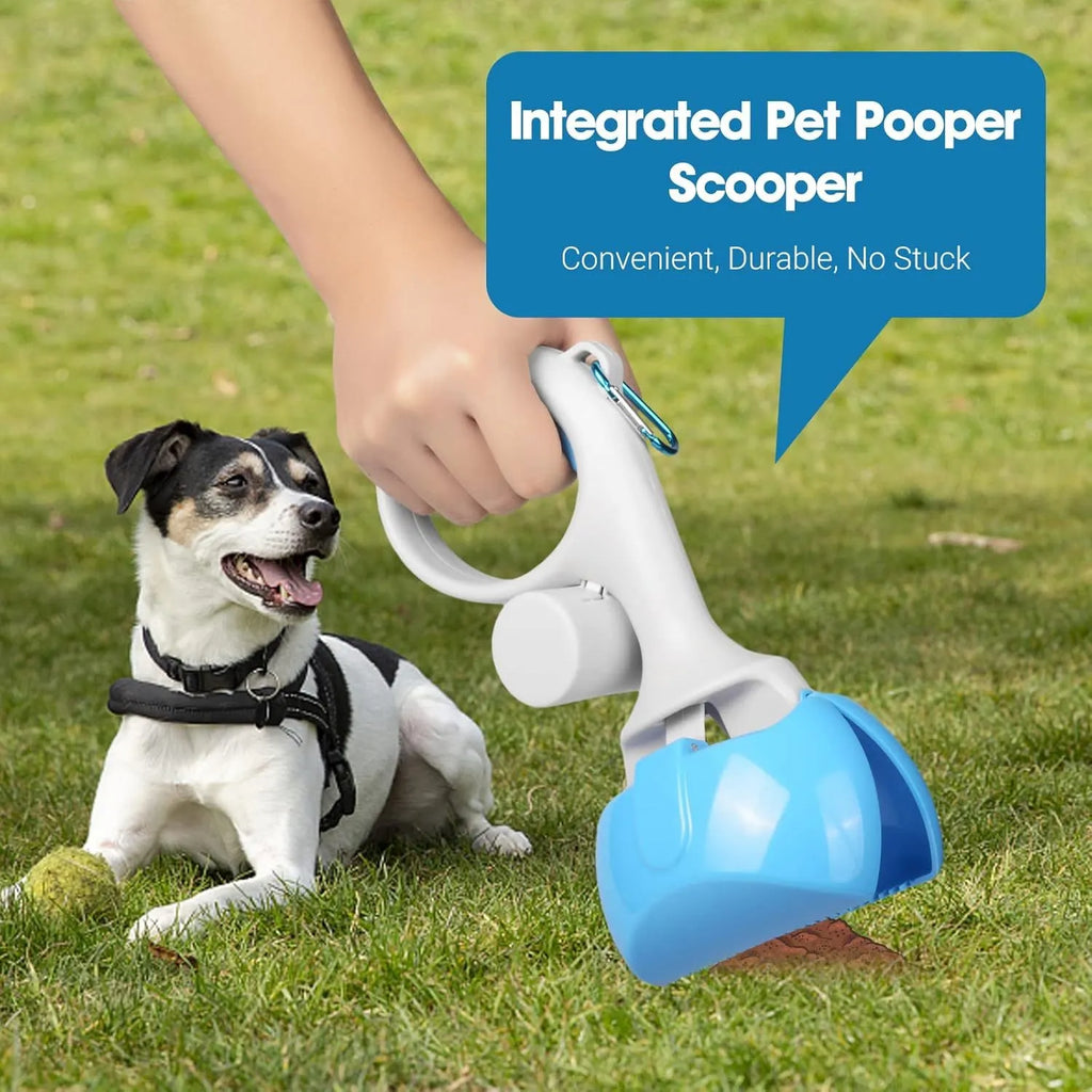 A heavy-duty ABS plastic pet pooper scooper with a built-in trash bag holder and top carry hook.