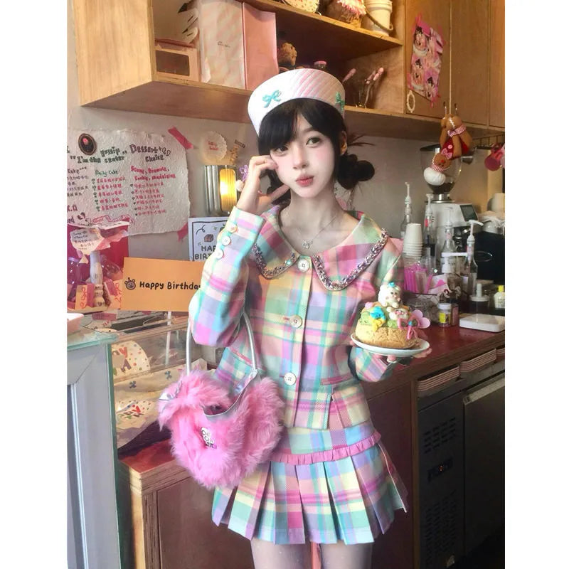 High waist slimming pleated skirt suit for women with cashmere long sleeve coat and cap skirt in neutral colour