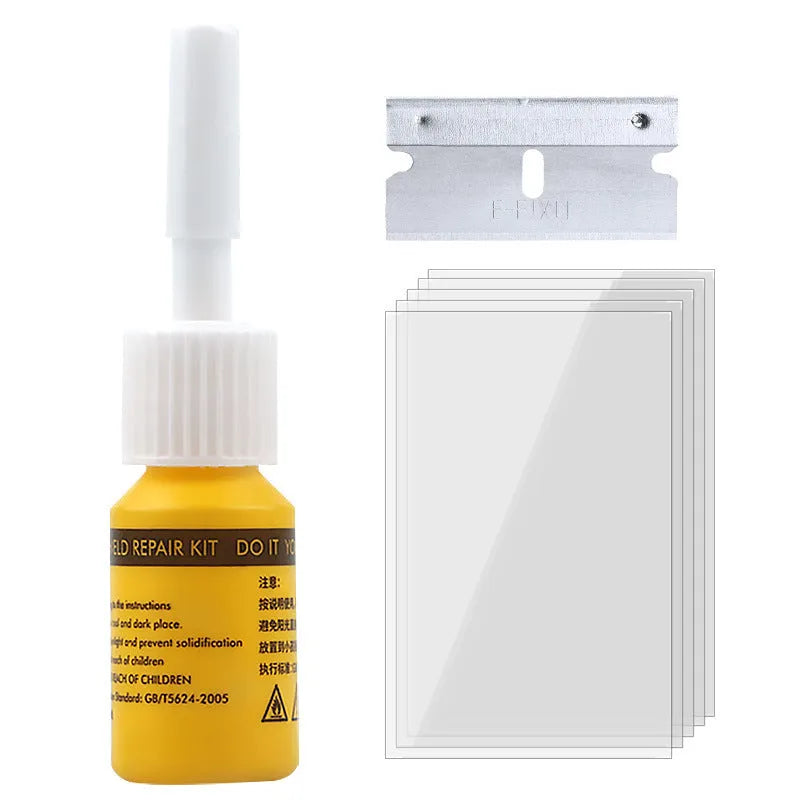 Yellow car glass repair agent tool set for windscreen repair with three components