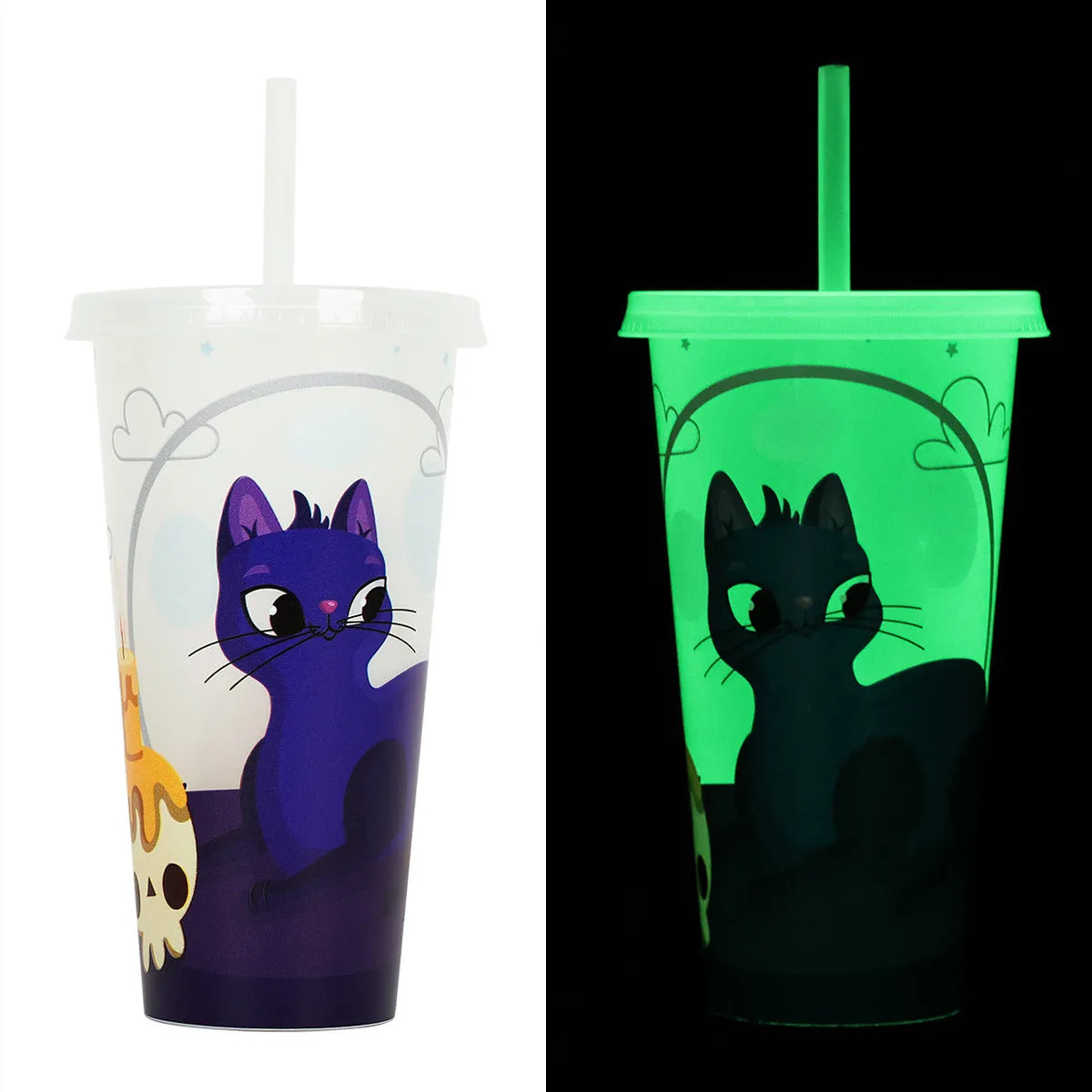 720ml colourful plastic Halloween sippy cup with a straw on a table.