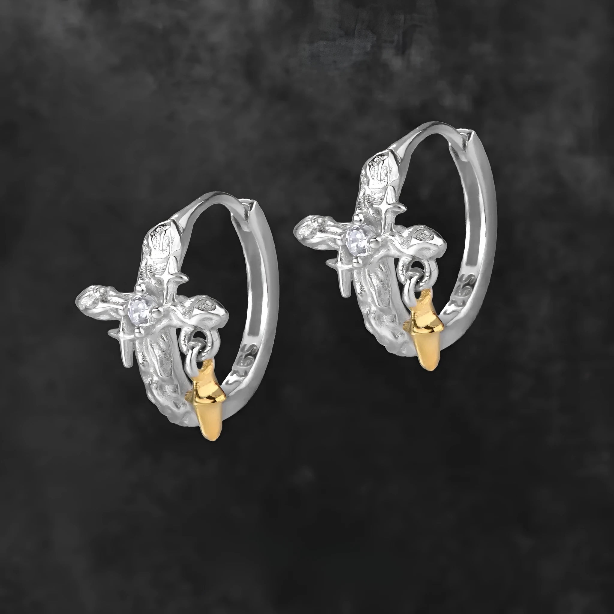 925 silver cross earrings with white gold electroplating and geometric round element design