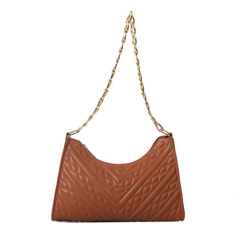Pleated chain strap baguette shoulder bag in vertical square shape with soft PU leather exterior