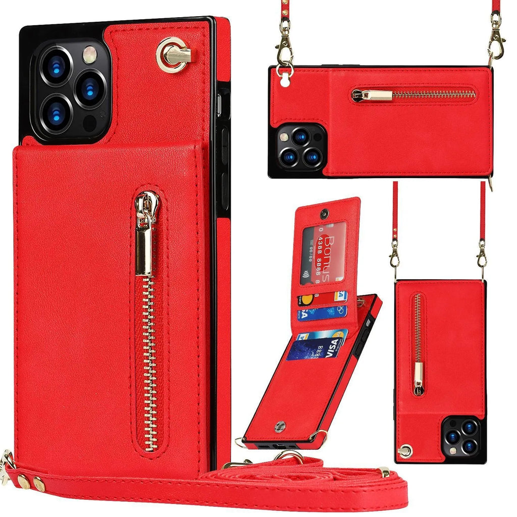 Black leather and TPU mobile phone case shown fitted on a smartphone.