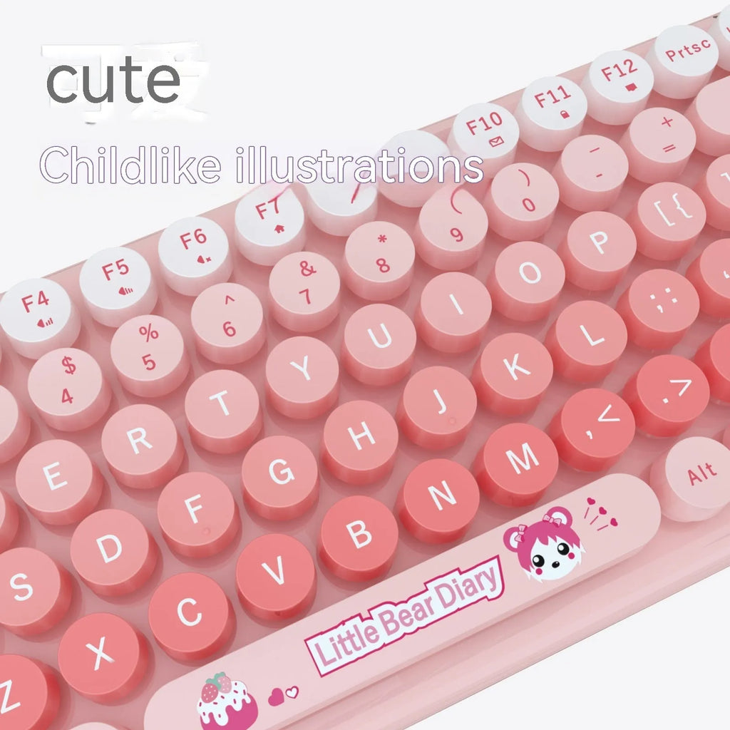 Candy pink wireless keyboard and mouse set with compact design on a desk.