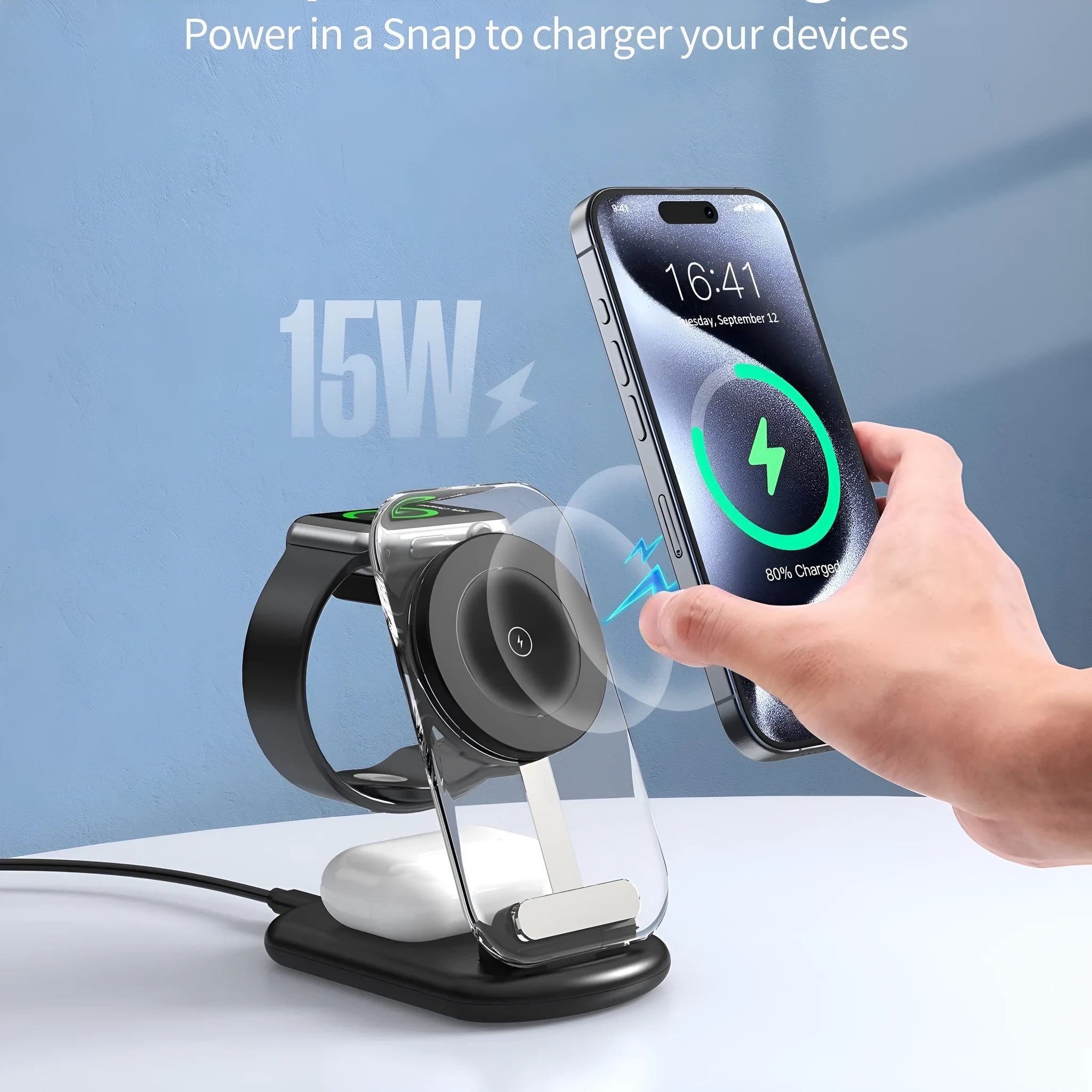 Transparent folding magnetic three-in-one wireless charger in black or white with QC3.0 fast charge