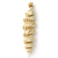 Golden blonde synthetic hair weft wig shown in 18, 20, and 22 inch lengths.