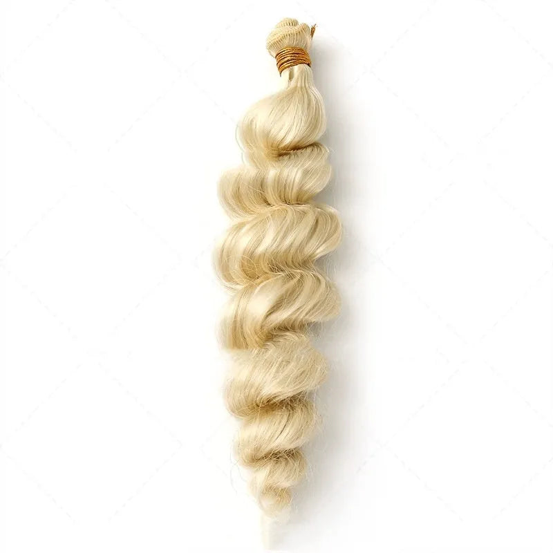 Golden blonde synthetic hair weft wig shown in 18, 20, and 22 inch lengths.