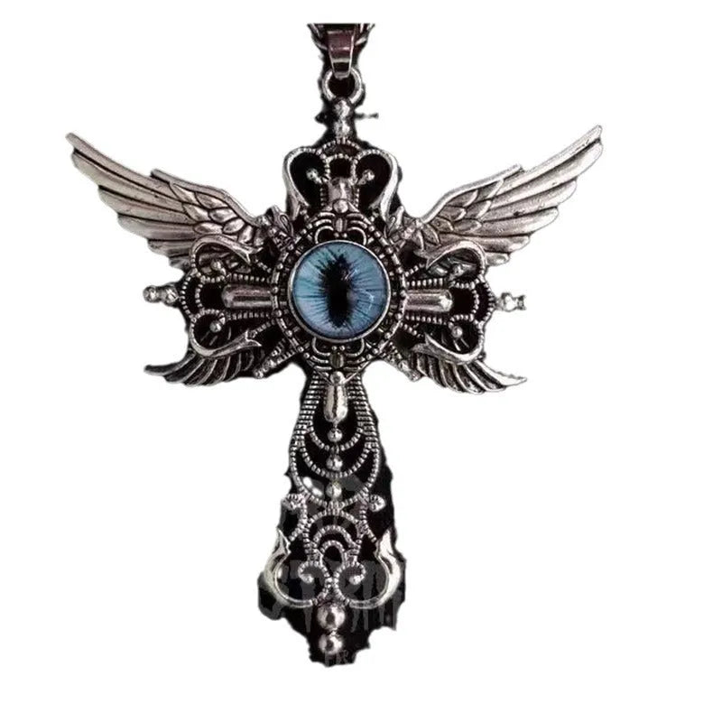 Alloy devil wings cross pendant necklace in geometric shape showing blue colour option