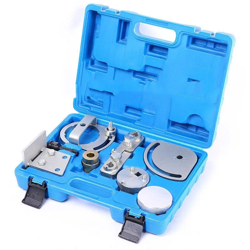 Volvo Land Rover engine timing special tool kit with eight carbon steel pieces for cylinder head alignment.