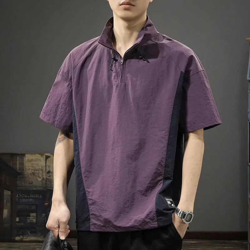 Brown men's half-zip stand collar short sleeve shirt in a loose fit