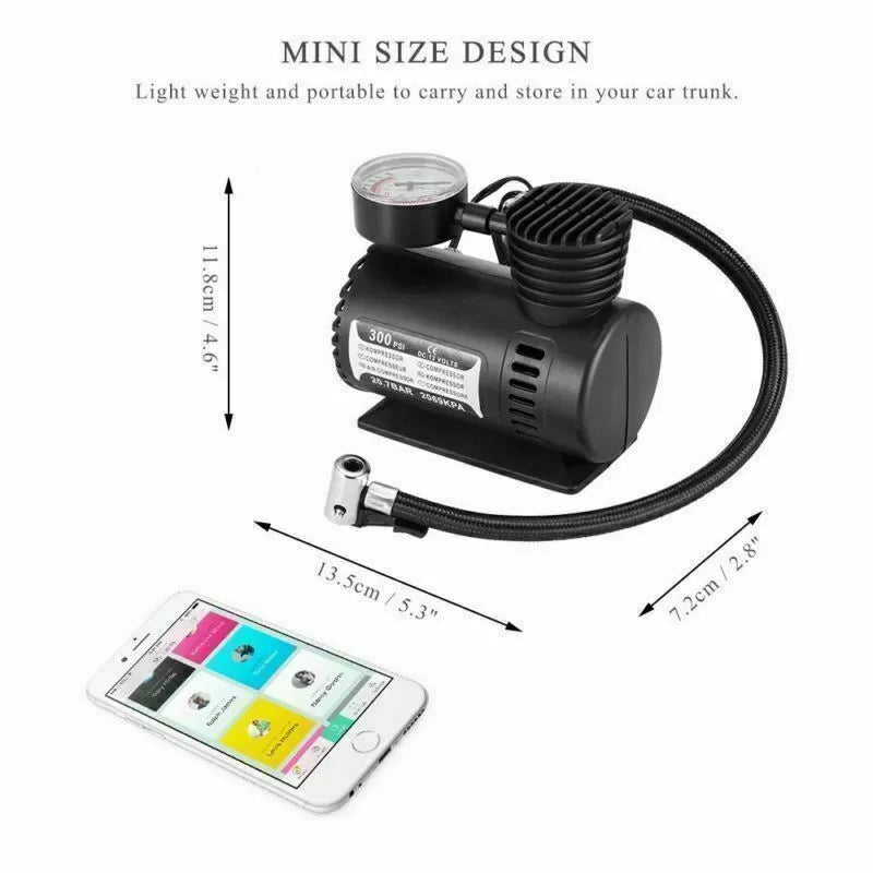 Mini 12V car air compressor in black with pressure gauge and 9-foot cord