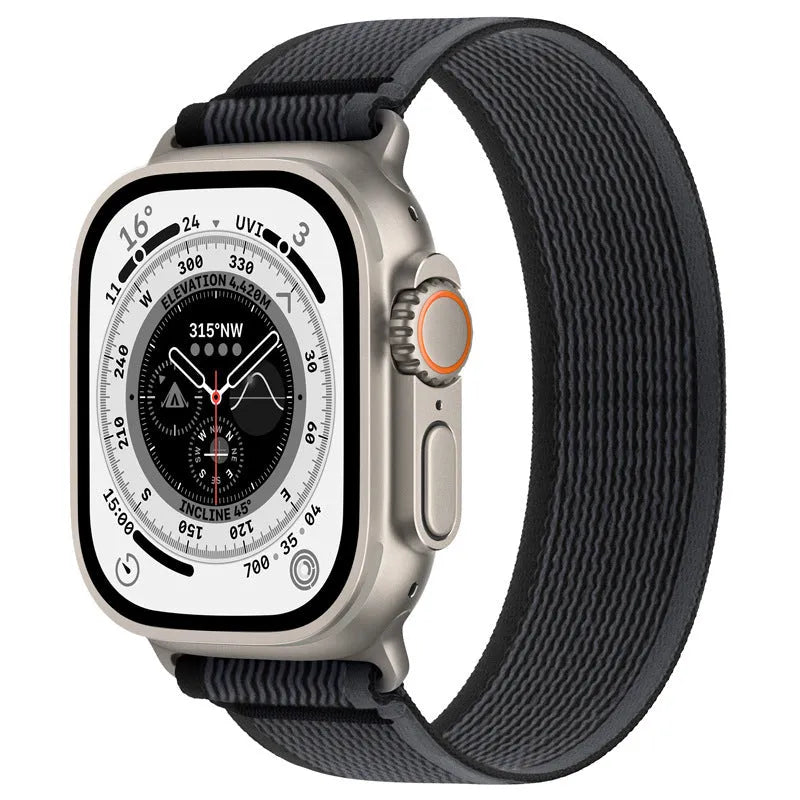 Single ring fastening nylon Apple Watch band in multiple colours showing integrated strap design