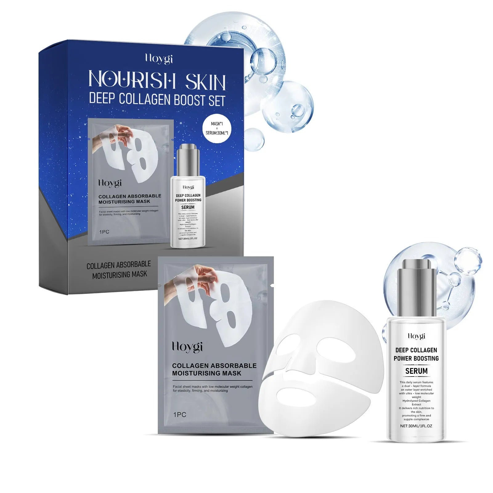 Collagen moisturising facial mask and 30ml essence bottle skincare treatment kit.