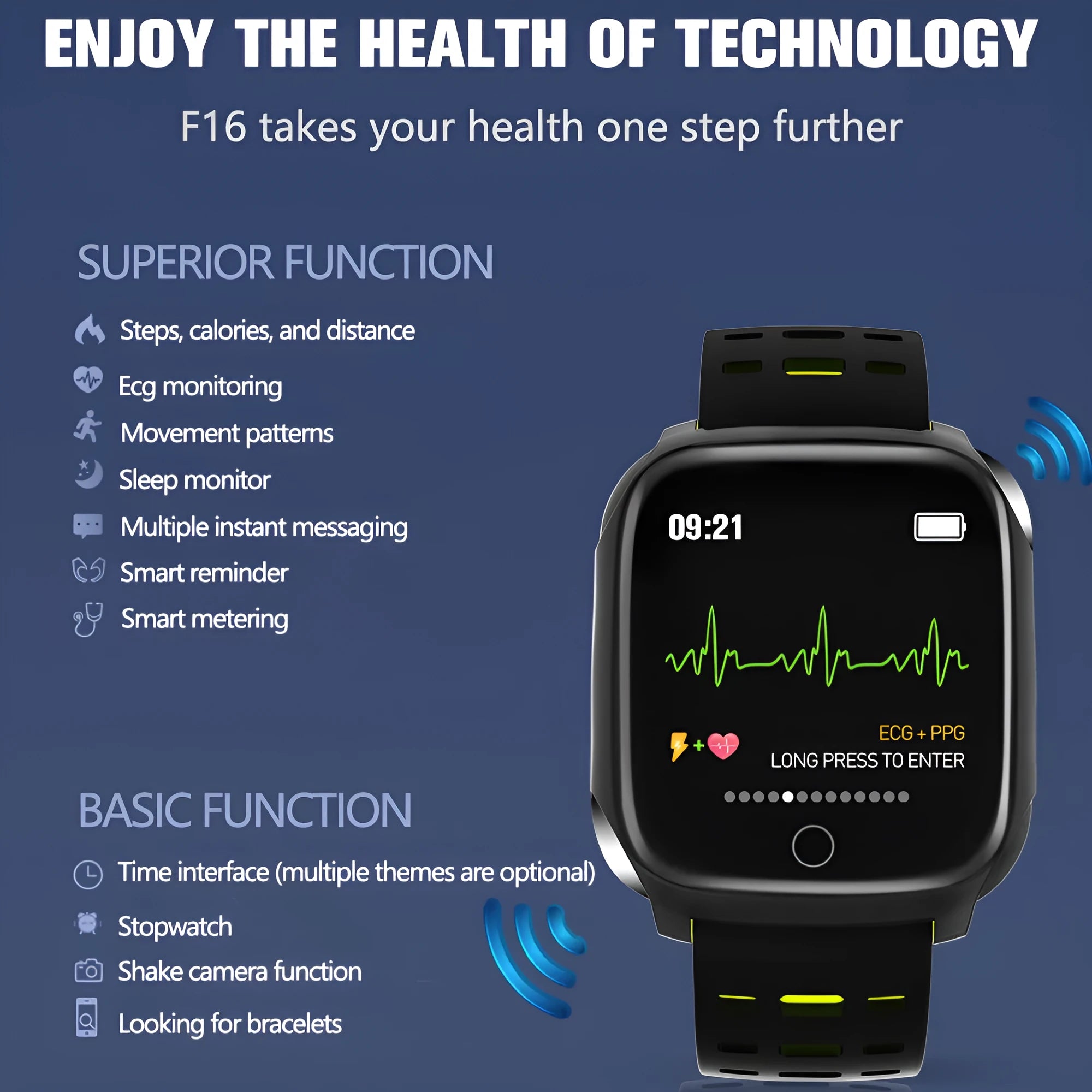 F16 smart watch with ECG monitor showing black green silicone wristband and touch screen display