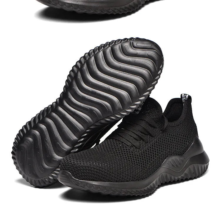 Work safety shoes with steel toe caps in black, featuring EVA shock-absorbing construction