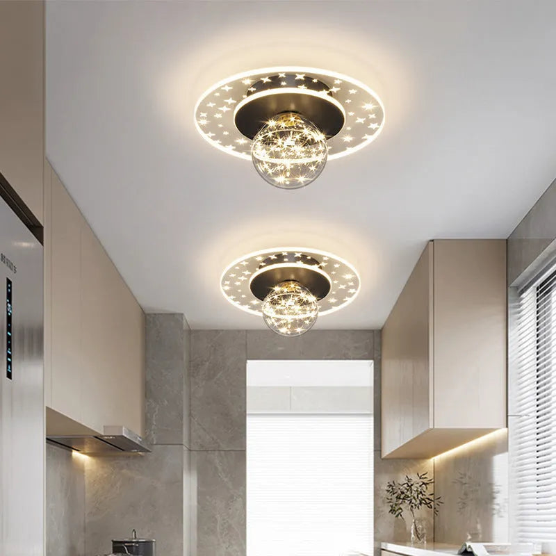 Modern simplicity LED ceiling lamp with three colour modes, available in gold finish, installed in a hallway