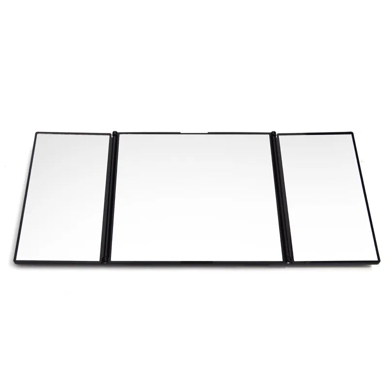 Silver car folding makeup mirror showing compact and opened positions