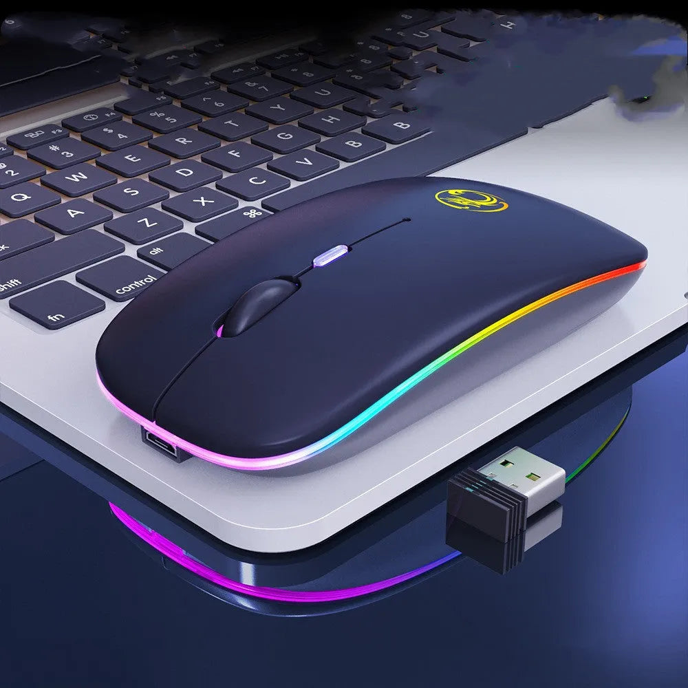 Black wireless mouse with silent buttons, Bluetooth logo, and charging port showing blue illumination