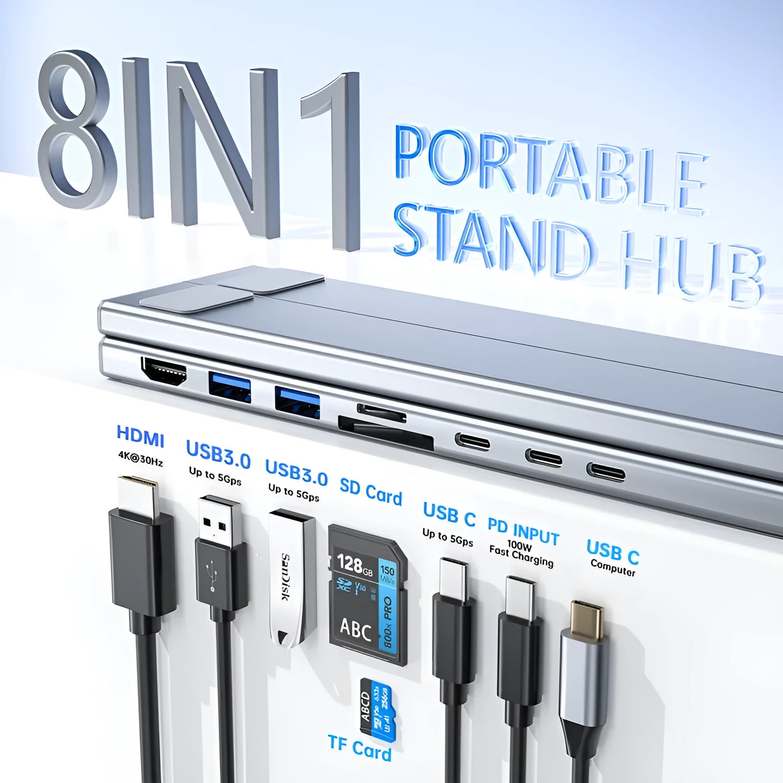 Aluminium folding laptop stand with built-in 8-in-1 docking station hub and HDMI port
