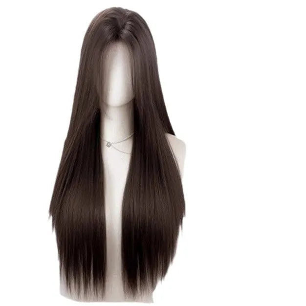 Full-head forehead lace mid-length straight wig in dark brown high temperature fibre on a mannequin