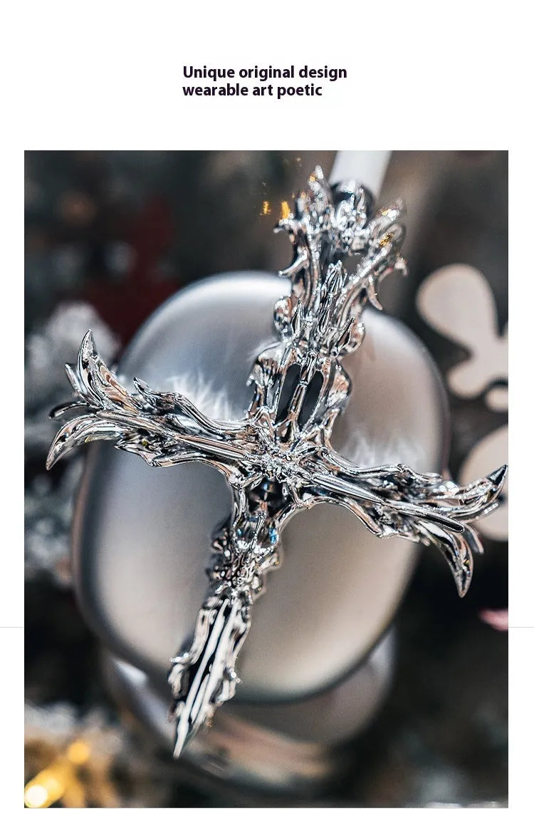 Gothic resin cross headphone cover for Apple AirPods Max in silver colour, hard shell 3D printed