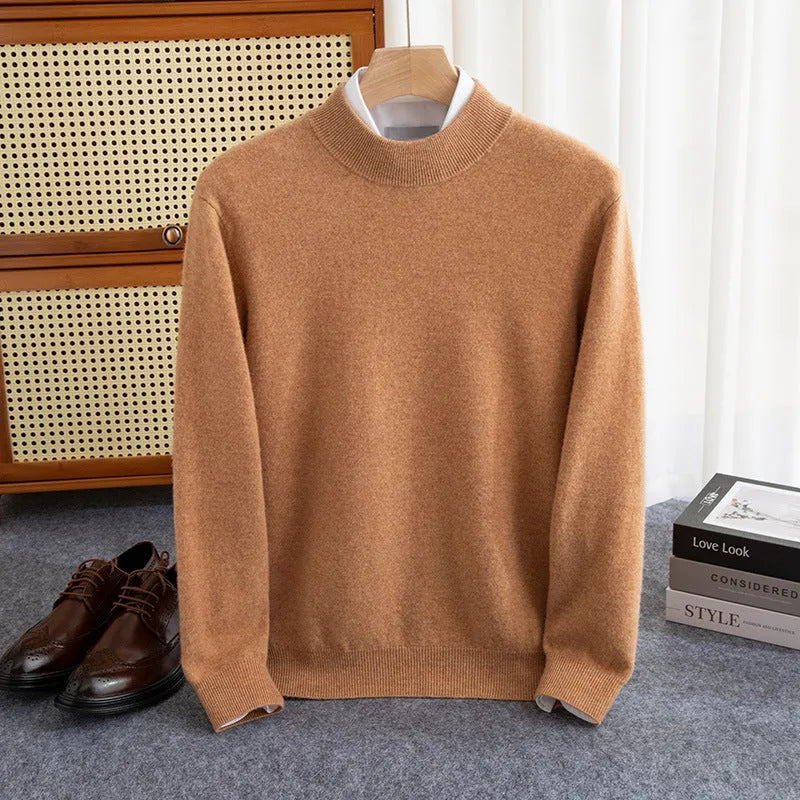 Man wearing a loose-fit half-collar wool sweater in a neutral colour, showing the knit texture and regular sleeve design.