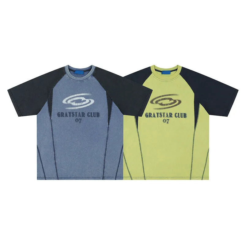 Blue hip hop letter print men's cotton t-shirt with raglan sleeves and loose fit design