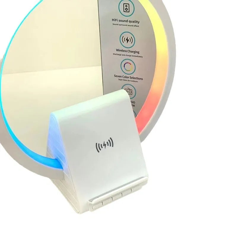 White smart Bluetooth speaker with built-in ambient light and 15W wireless charging pad on top.