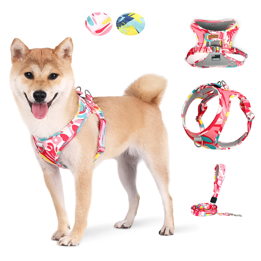 Printed breathable polyester pet harness suit in red flower camouflage with matching traction rope for small dogs