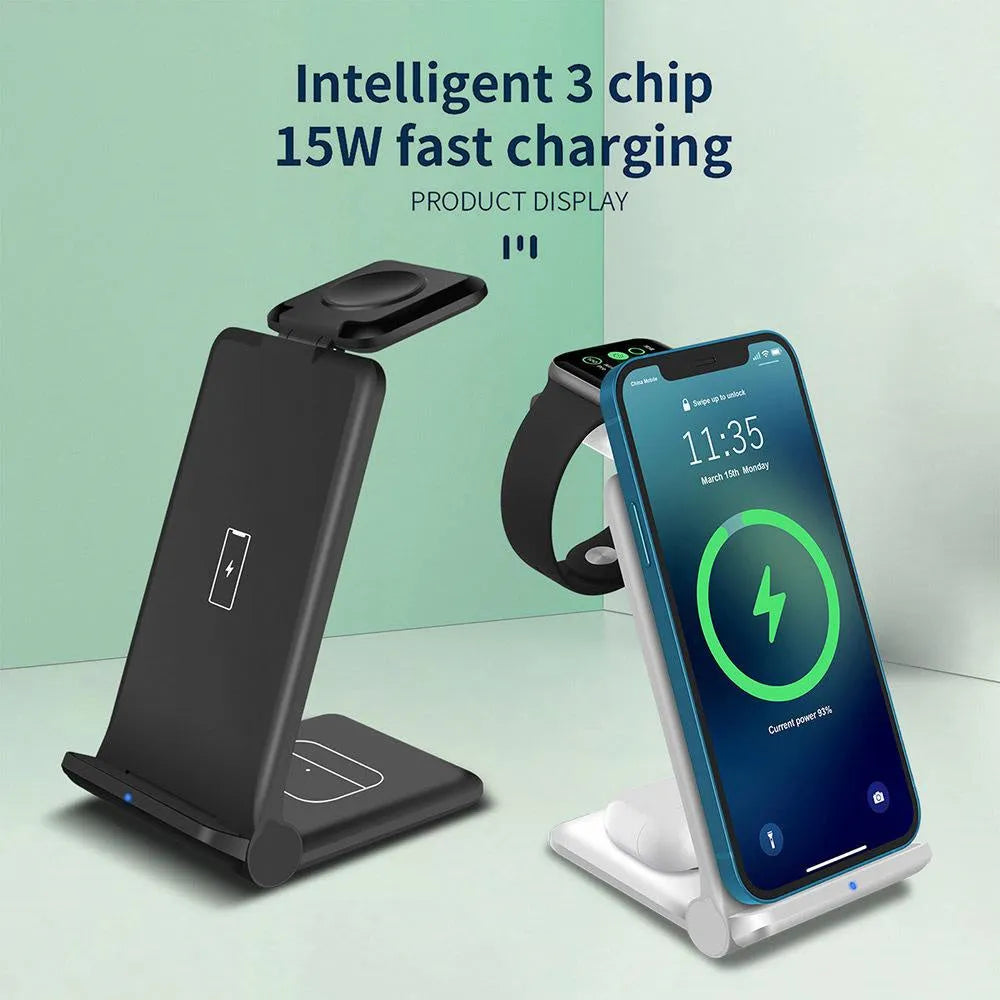 Black and white 3-in-1 wireless charging station for phones, Apple Watch and AirPods with foldable design