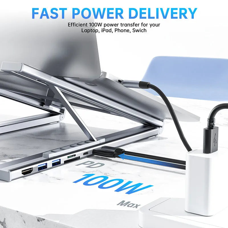 Aluminium folding laptop stand with built-in 8-in-1 docking station hub and HDMI port