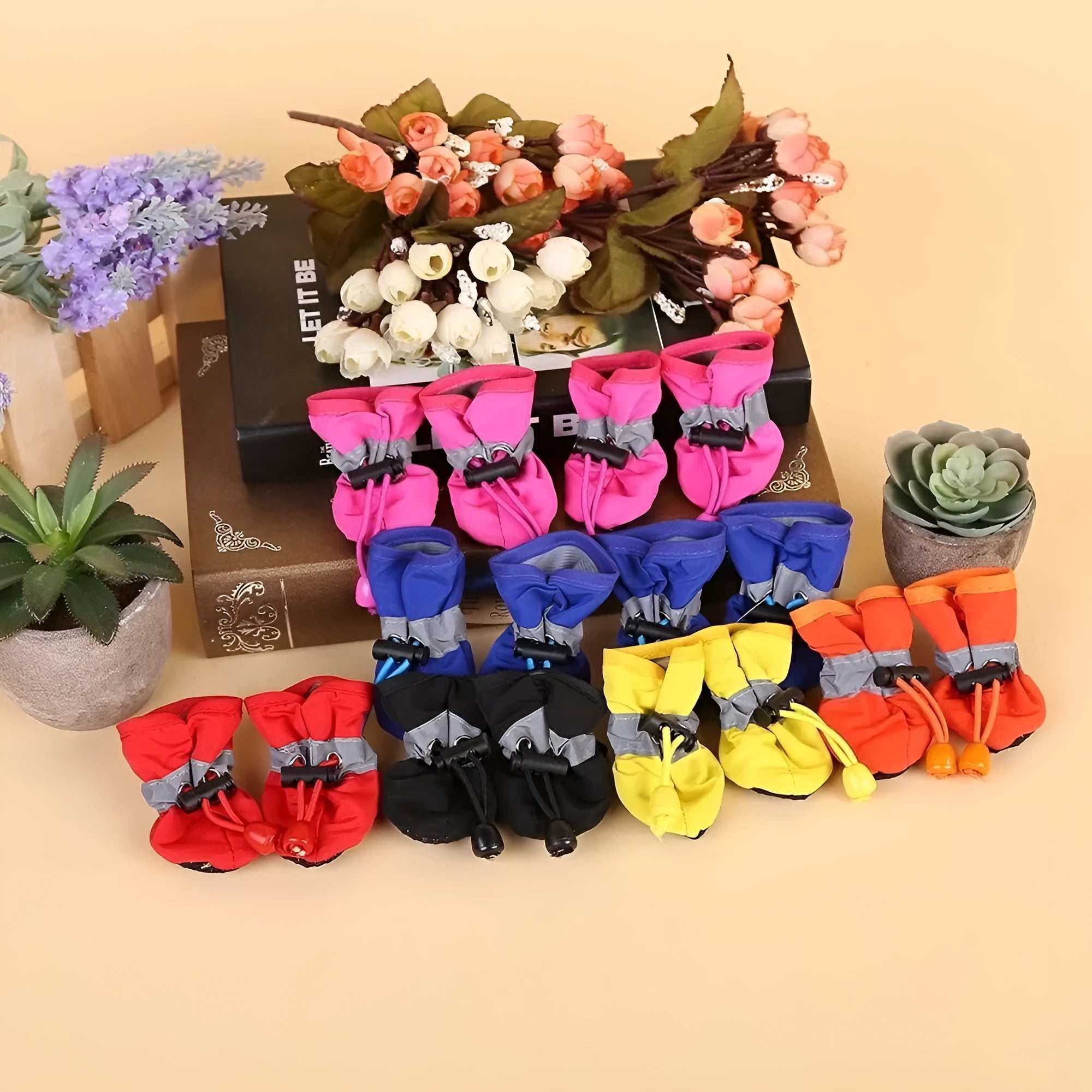 Set of four breathable cloth dog shoes with soft sole in multiple colours for small and medium breeds