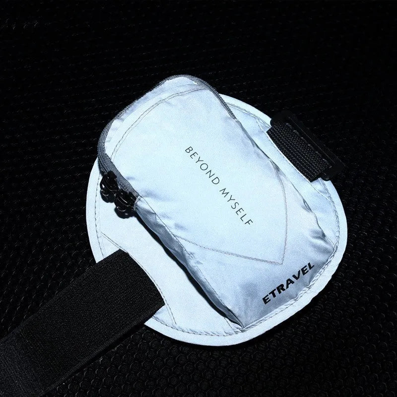 Lightweight running arm bag with reflective strips showing three colour options