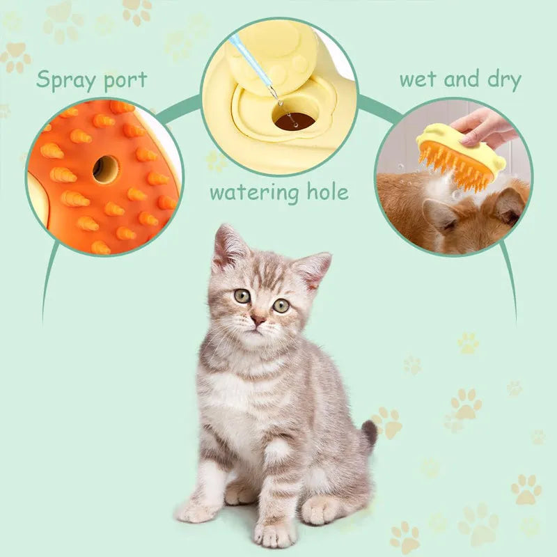 3-in-1 steam grooming brush for pet hair removal on cats and dogs
