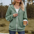 Green women's hooded sweater coat with zipper in loose Japanese Korean style