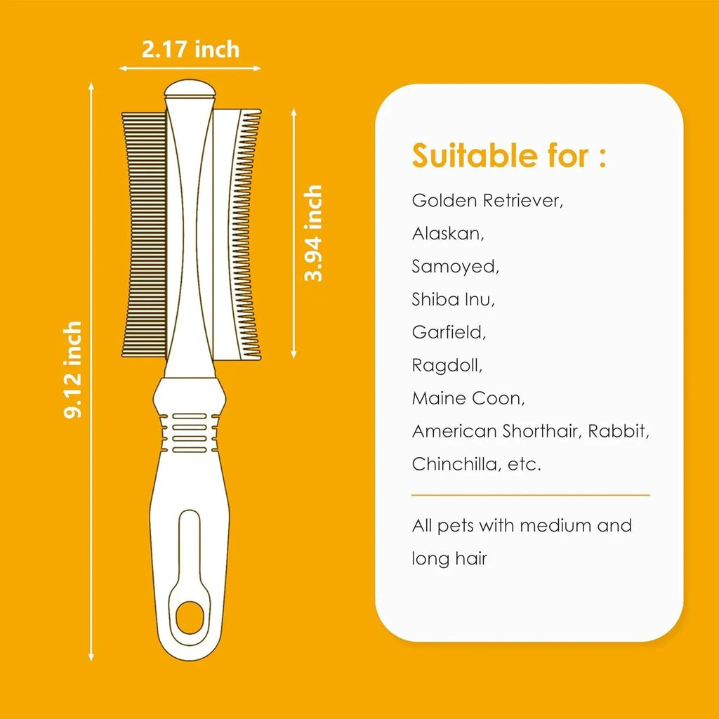 White 2-in-1 double-sided dog and cat deshedding brush with grooming comb and ergonomic handle