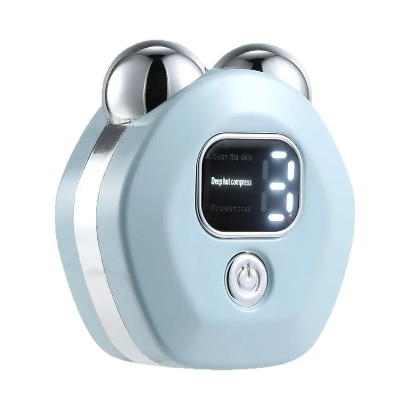 Portable micro current facial massage instrument with dual rollers in light blue colour