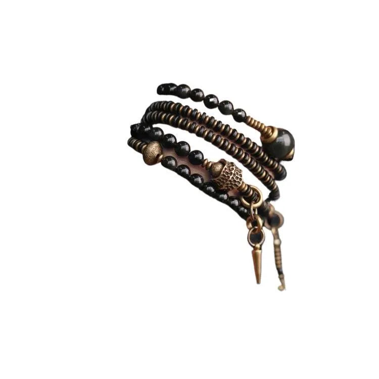 Unisex black beaded geometry multi-layered bracelet with natural style on plain background
