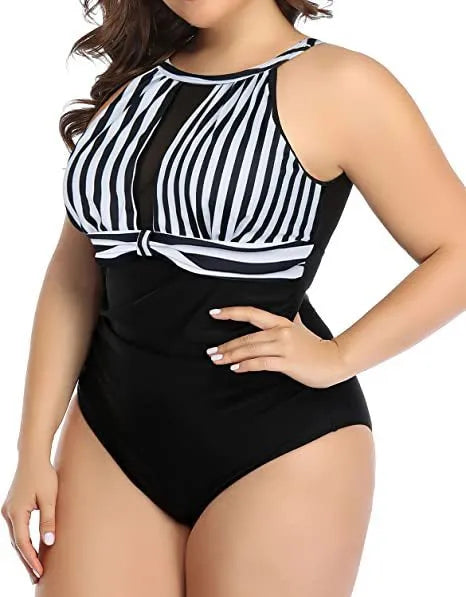 Women's black polyester lace one-piece swimsuit on a hanger, with stripes and red flower pattern options shown.