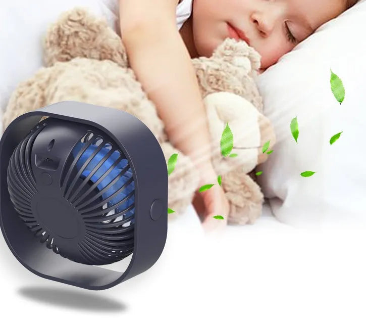 USB charging fan with alarm clock design showing 360-degree rotation feature in blue colour