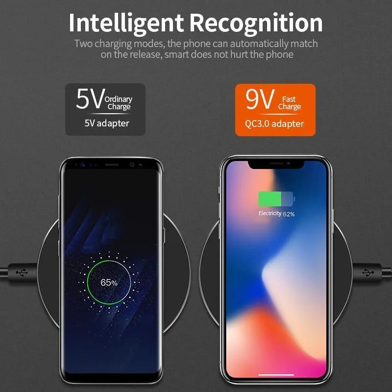 Black square ultra-thin wireless fast charger with USB cable on a desk
