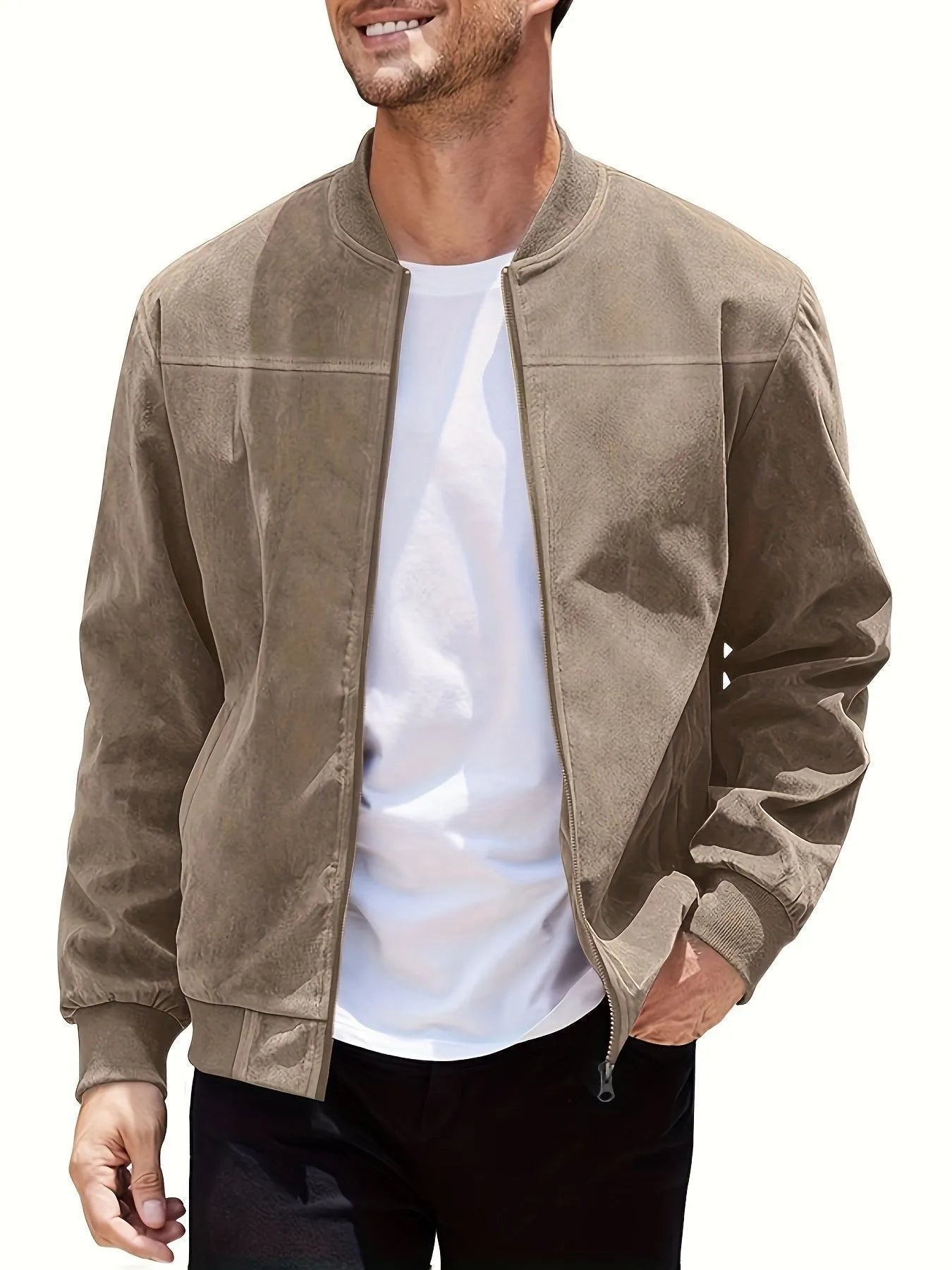 Men's plus size suede casual jacket in army green with a zip front and regular sleeves.
