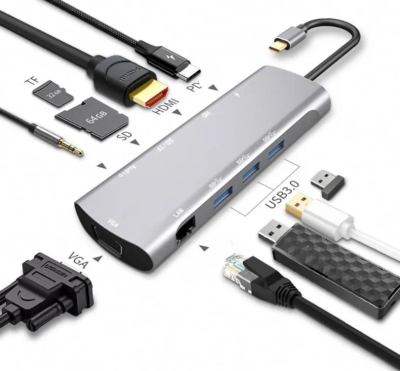 Grey aluminium alloy USB-C docking station with HDMI, VGA, USB 3.0, and Power Delivery ports