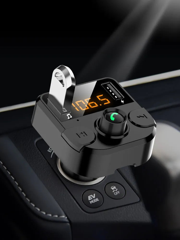 BT36B black car MP3 Bluetooth player with 1.1-inch display, plugged into vehicle cigarette lighter socket