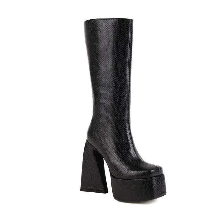 Women's artificial PU high boots in black, red, blue and white colours for casual wear