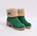 Women's mid-calf suede snow boots in various colours with a thick flat heel and round toe.